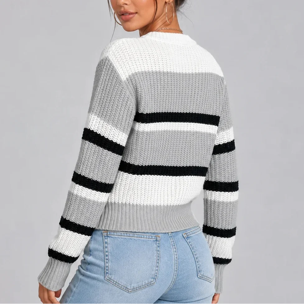 Women’s Striped Knitted Sweater – Casual Wear, Everyday Style