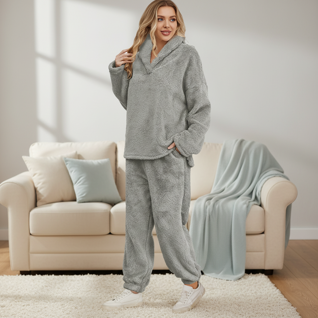 Women's Teddy Fleece Loungewear Set Hoodie & Trousers – Cozy, Relaxing