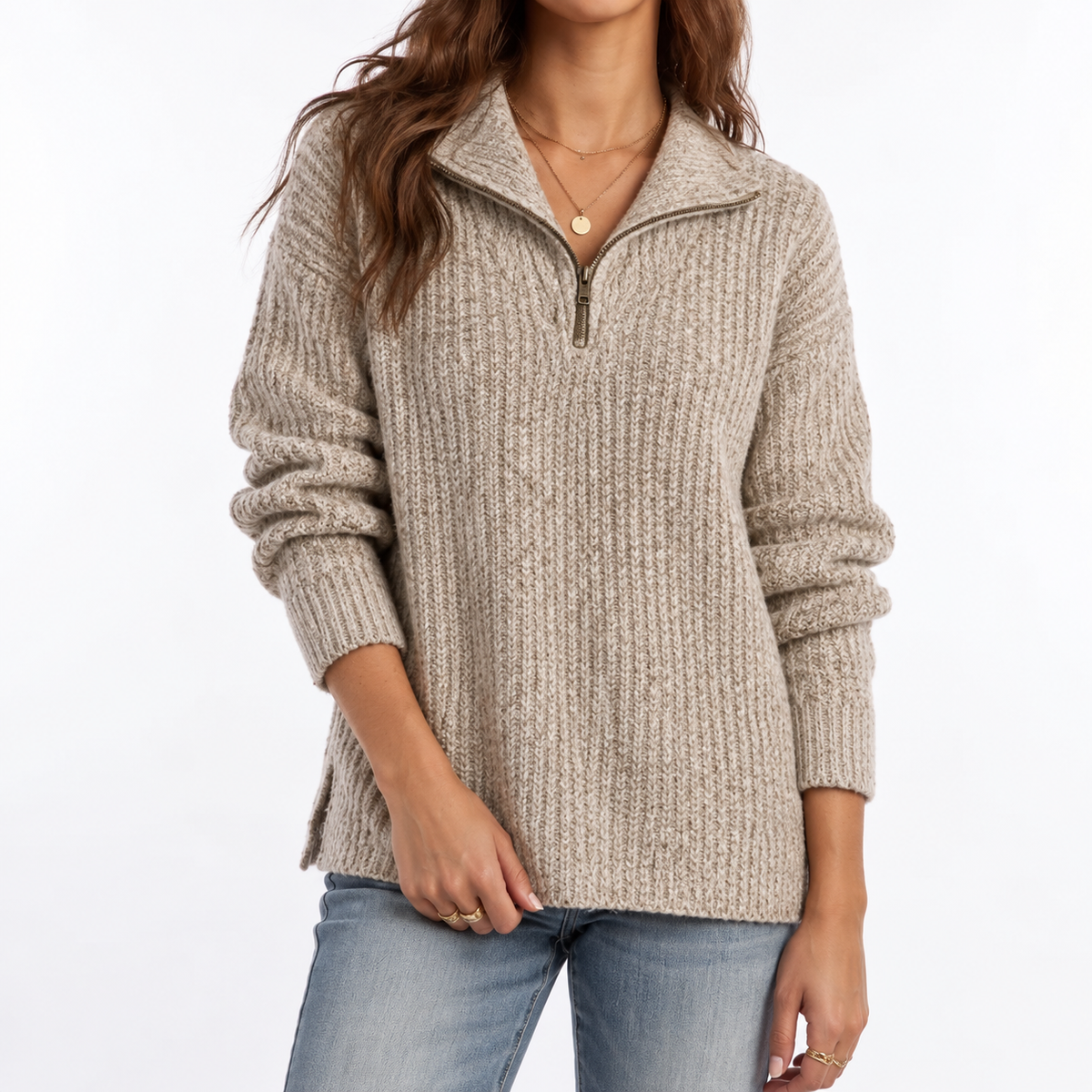 Women's Textured Knit Sweater – Quarter Zip, Relaxed Fit – Casual, Everyday Wear