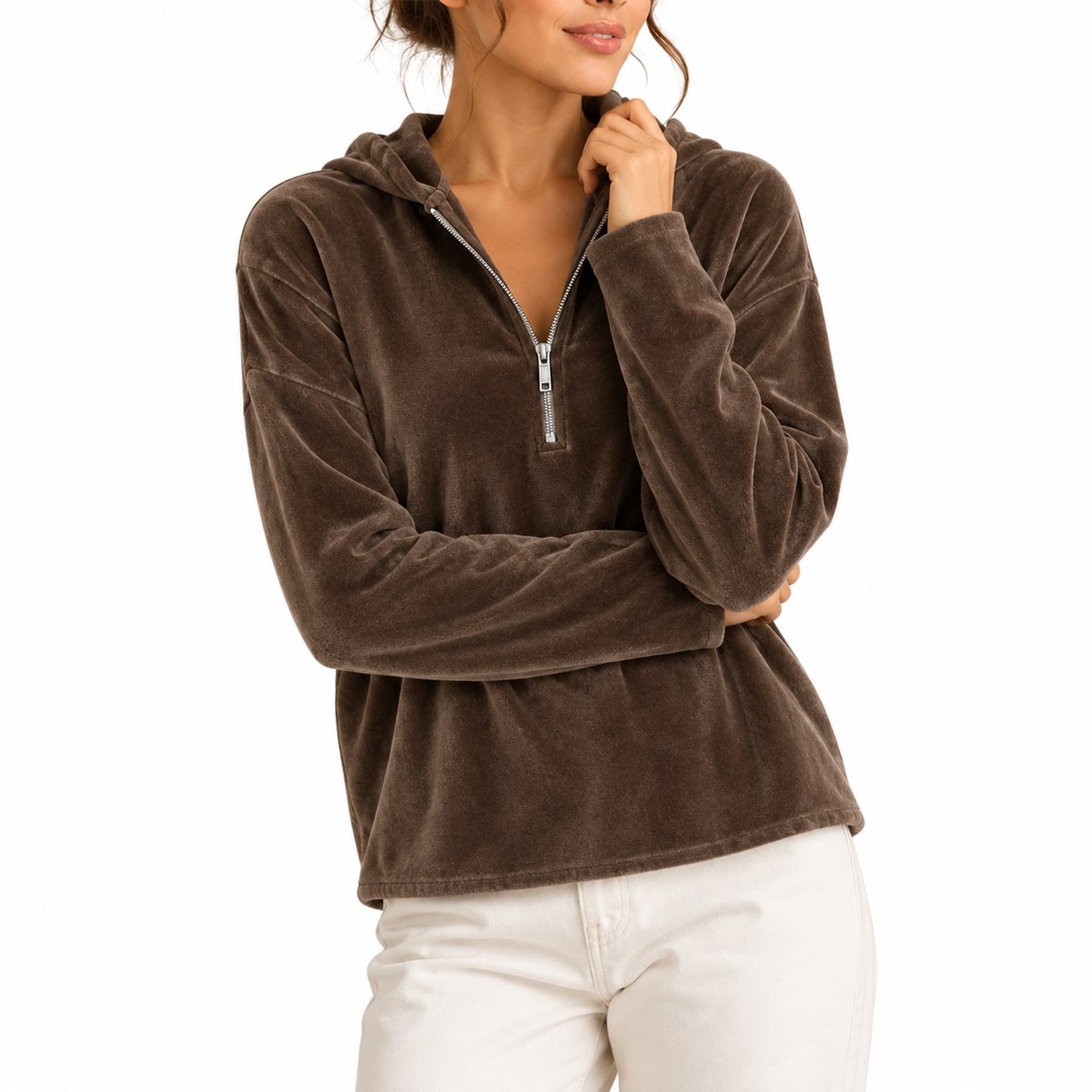 Women's Velvet Quarter-Zip Hoodie with Long Sleeves – Casual, Everyday Wear