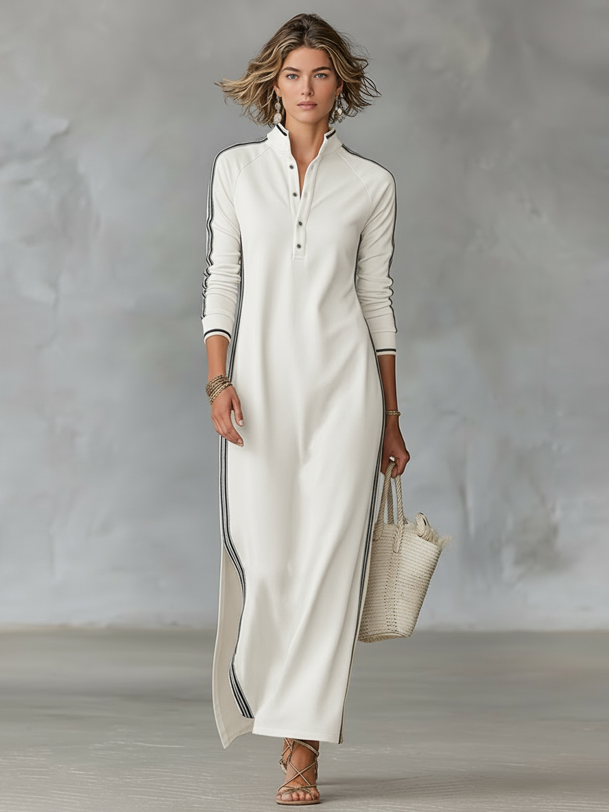 Women's White-Trimmed Button-Down Sweatshirt Maxi Dress for Casual Wear