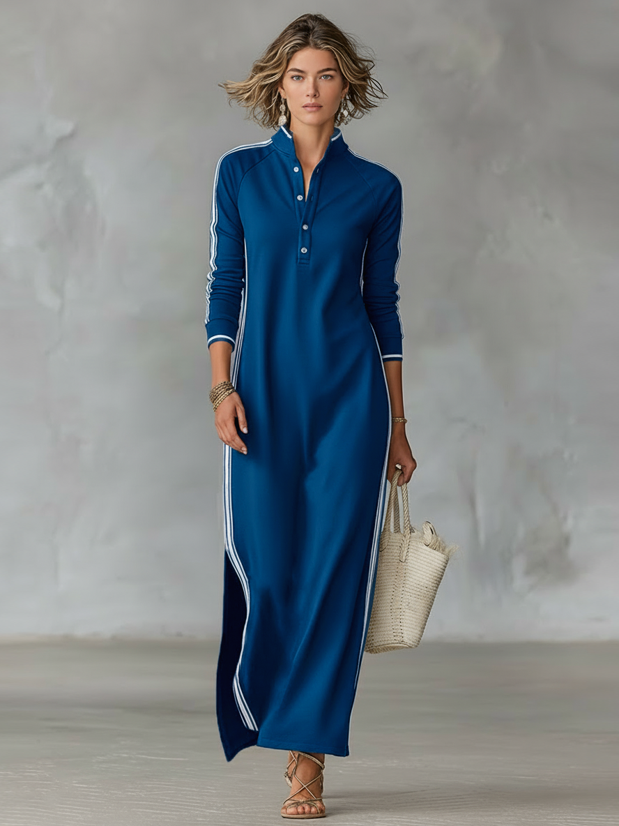 Women's White-Trimmed Button-Down Sweatshirt Maxi Dress for Casual Wear