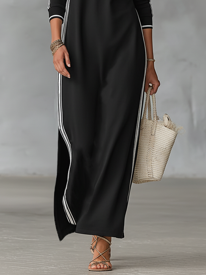Women's White-Trimmed Button-Down Sweatshirt Maxi Dress for Casual Wear