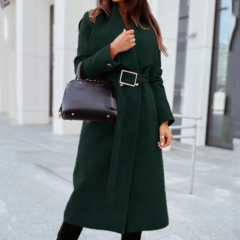 Belted Midi Coat Women's Wide Lapel Long Winter Jacket – Office, Casual