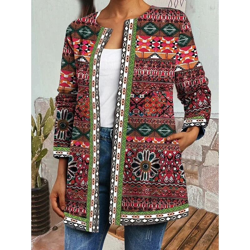 Boho Open-Front Jacket Women's Ethnic Print Long Sleeve – Casual Layering, Gift