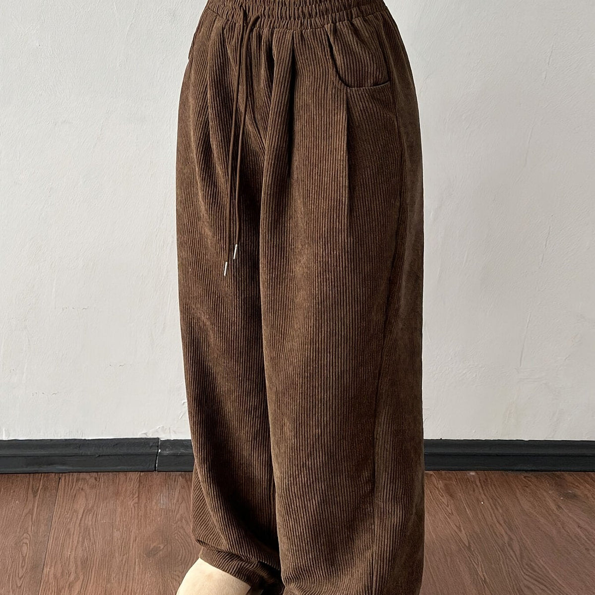 Corduroy Wide-Leg Pants Women's Brown Drawstring Elastic Waist – Casual, Office Wear