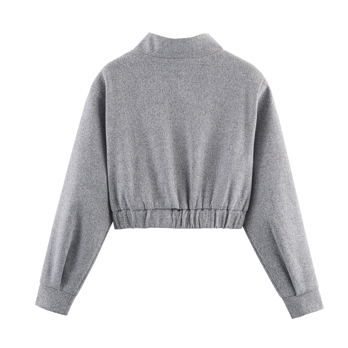 Cropped Bomber Jacket Women's Grey Stand Collar Zip Front – Casual, Office