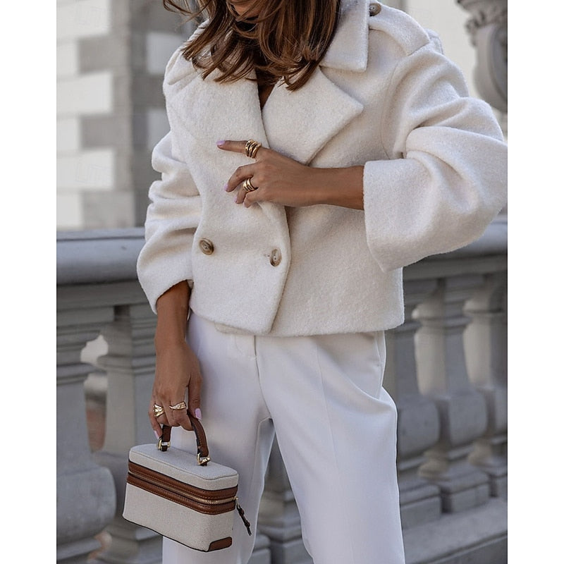 Cropped Wool Coat Women's White Double-Breasted Jacket – Office, Casual