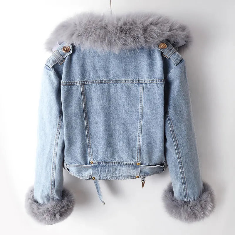Denim Jacket Women's Faux Fur Collar Cropped – Casual, Winter
