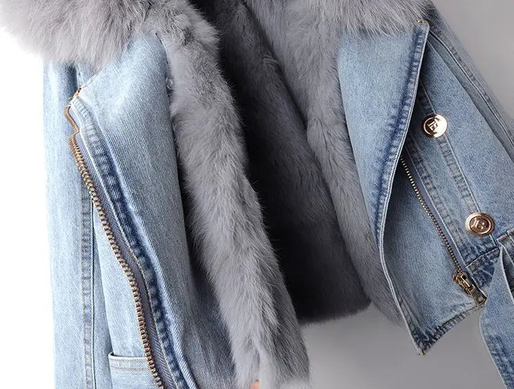 Denim Jacket Women's Faux Fur Collar Cropped – Casual, Winter