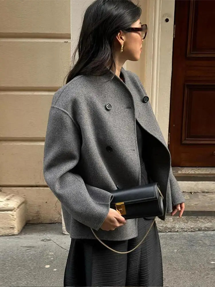 Double-Breasted Blazer Coat Women's Loose Fit Stand Collar Jacket – Office, Casual