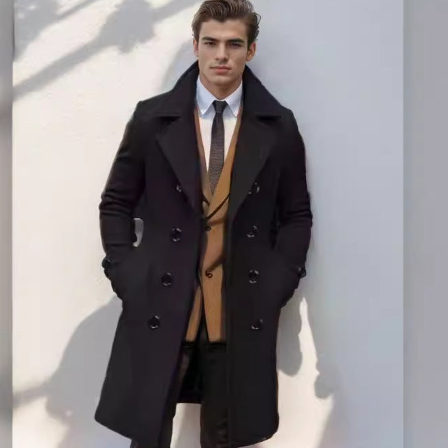Double-Breasted Trench Coat Men's Wool Blend Grey Long Overcoat – Office, Winter Gift