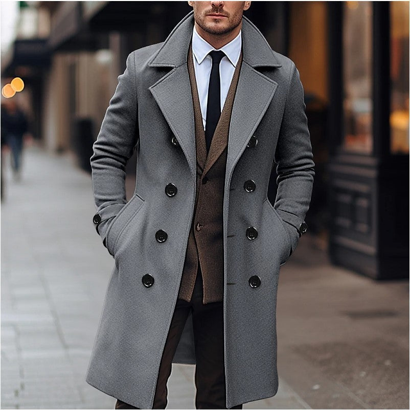 Double-Breasted Trench Coat Men's Wool Blend Grey Long Overcoat – Office, Winter Gift