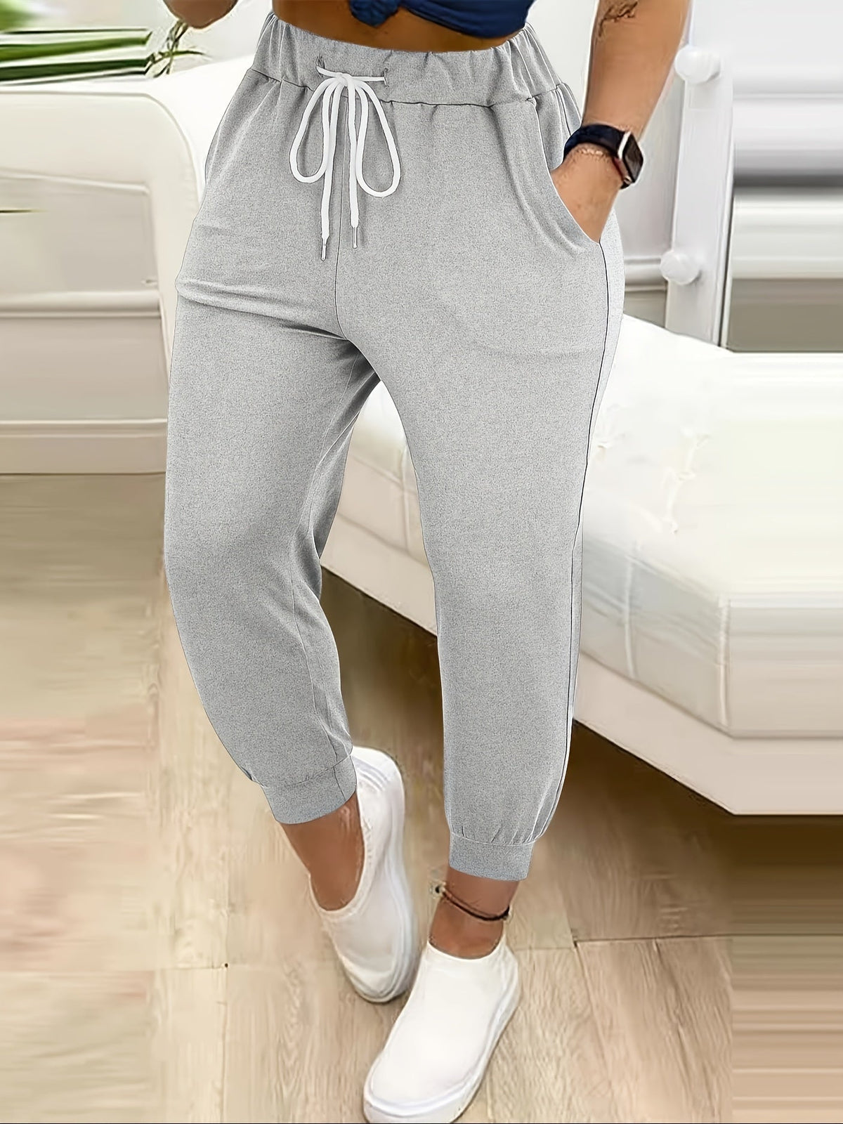 Women's Tapered Drawstring Joggers with Pockets, Yellow – Casual, Loungewear