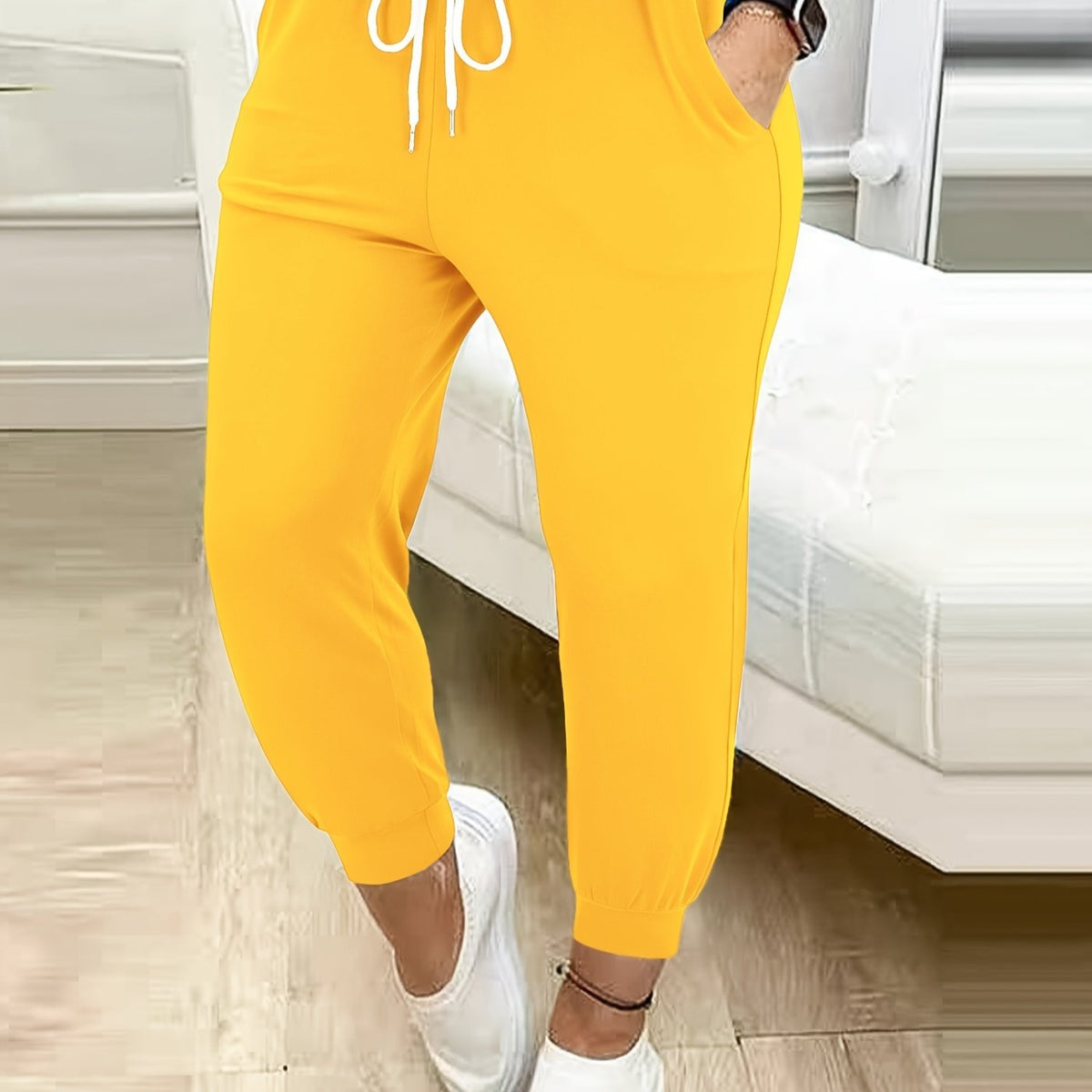 Women's Tapered Drawstring Joggers with Pockets, Yellow – Casual, Loungewear