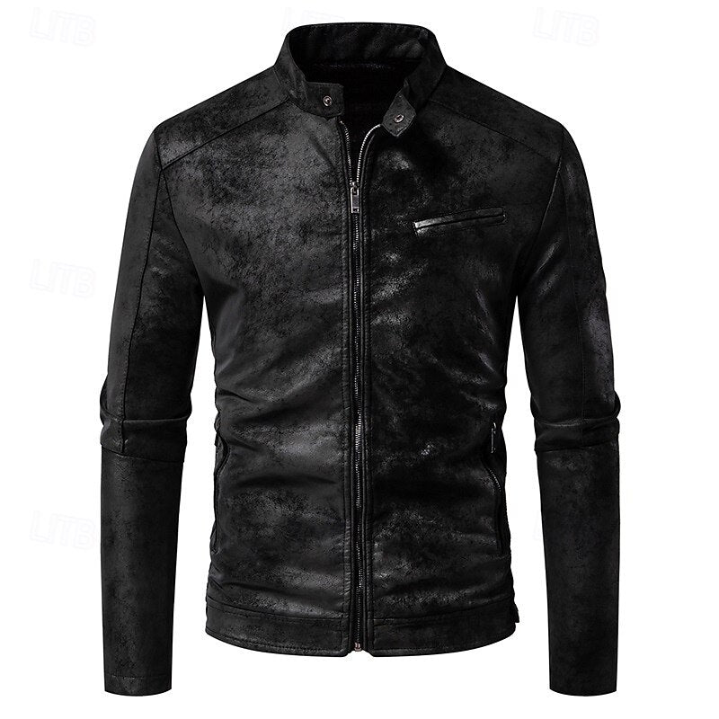 Faux Leather Biker Jacket Men's Stand Collar Zip-Up – Casual, Gift