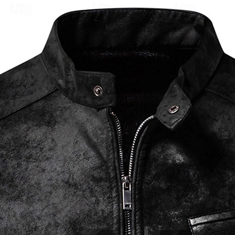 Faux Leather Biker Jacket Men's Stand Collar Zip-Up – Casual, Gift