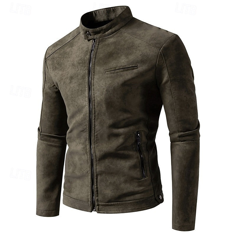 Faux Leather Biker Jacket Men's Stand Collar Zip-Up – Casual, Gift