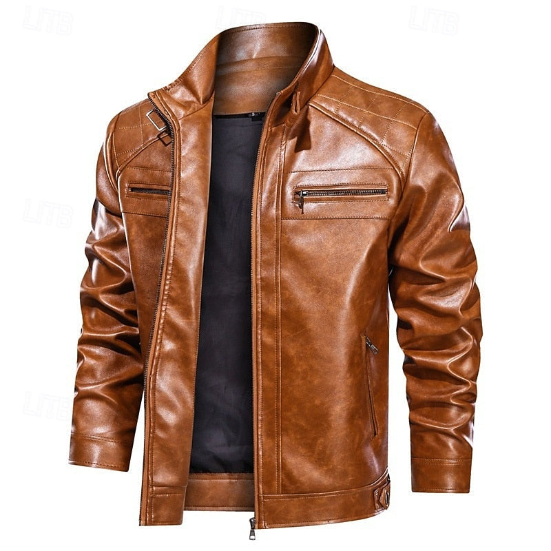 Faux Leather Biker Jacket Men's Red Zip-Up Moto Coat – Casual, Gift