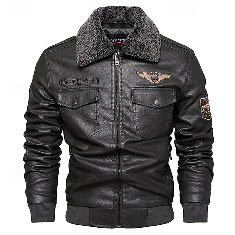 Faux Leather Bomber Jacket Men's Brown Fleece Collar – Casual, Winter