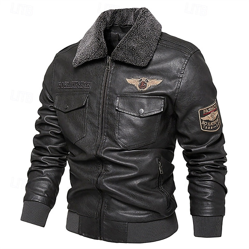 Faux Leather Bomber Jacket Men's Brown Fleece Collar – Casual, Winter