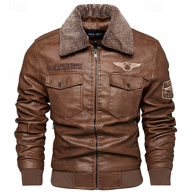 Faux Leather Bomber Jacket Men's Brown Fleece Collar – Casual, Winter