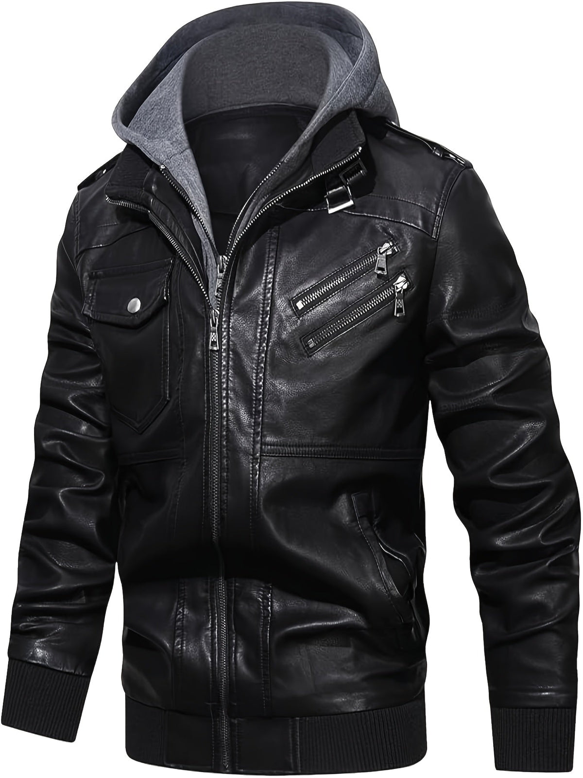 Faux Leather Moto Jacket Men's Black with Removable Hood – Casual, Gift