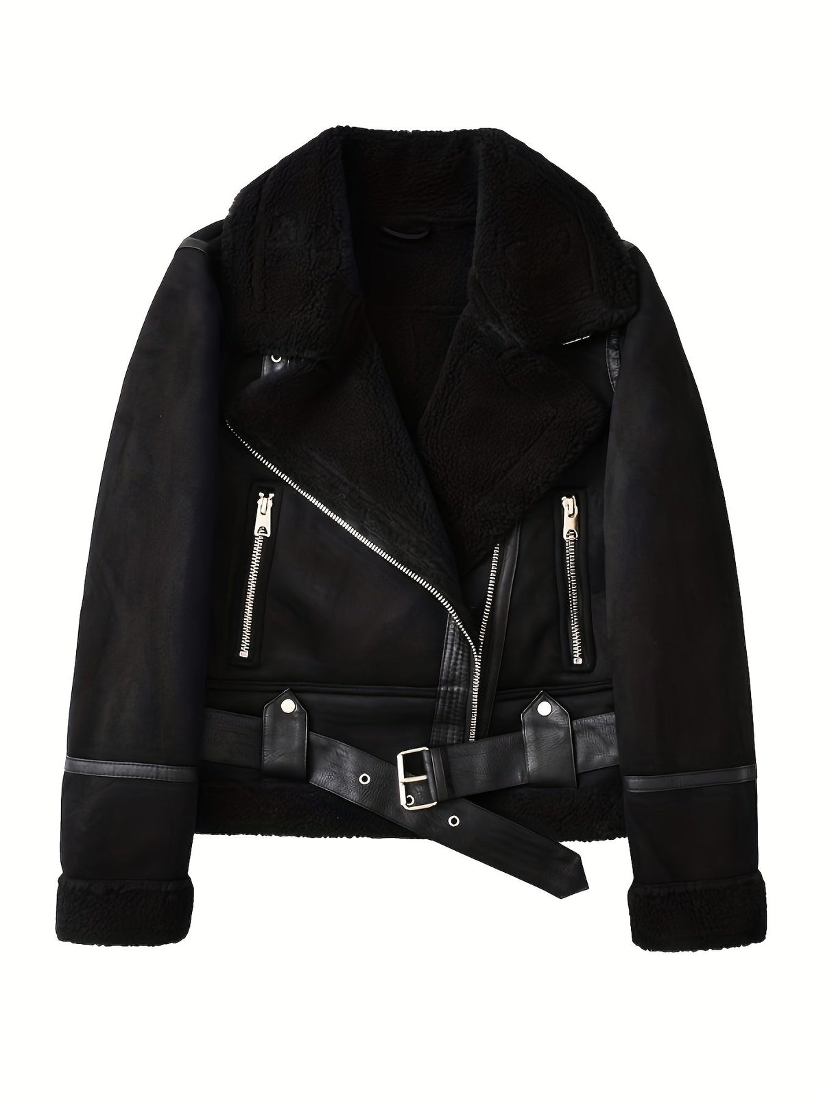 Faux Suede Aviator Jacket Women's Belted Sherpa Collar – Casual, Winter Gift