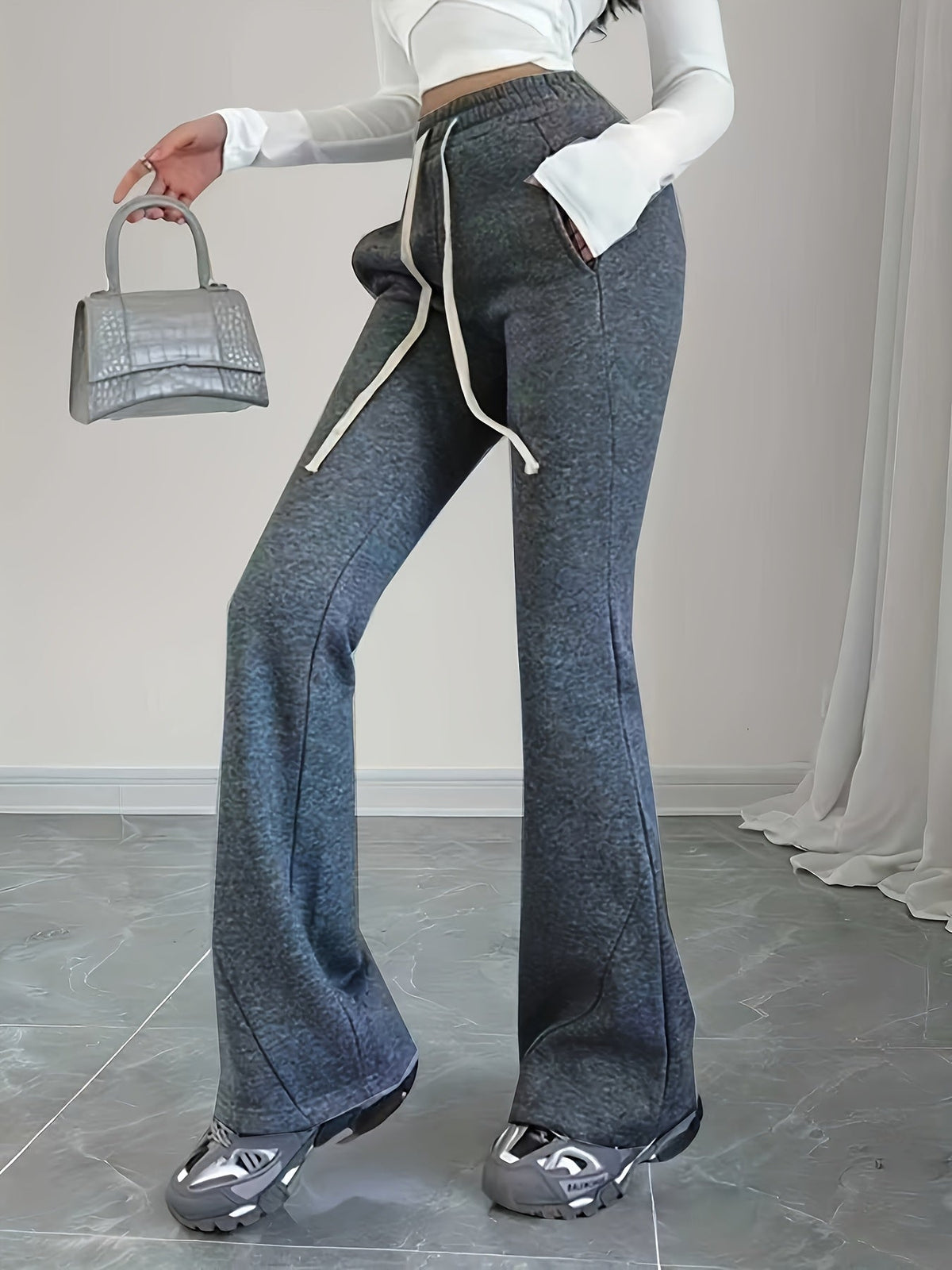 Flared Lounge Pants High-Waist Drawstring Women's – Casual, Everyday Comfort