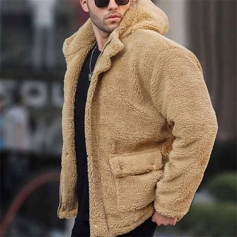 Fleece Hooded Jacket Men's Sherpa Denim Patchwork – Casual, Winter Outerwear