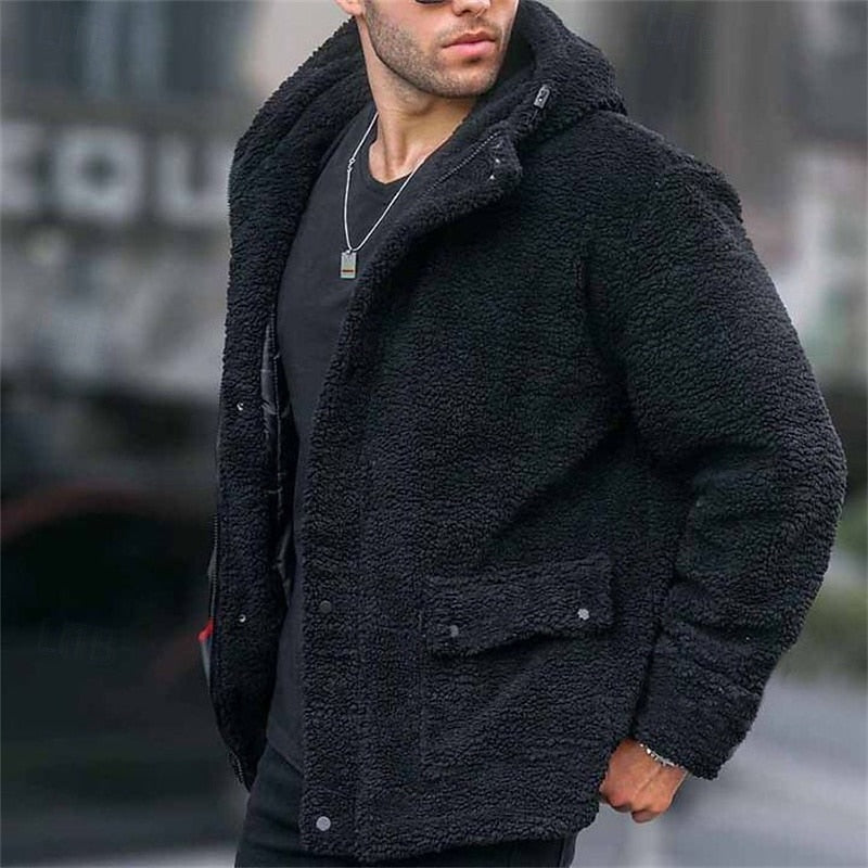 Fleece Hooded Jacket Men's Sherpa Denim Patchwork – Casual, Winter Outerwear
