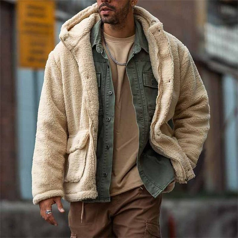 Fleece Hooded Jacket Men's Sherpa Denim Patchwork – Casual, Winter Outerwear