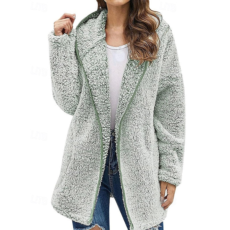 Fleece Hooded Jacket Women's Long Sleeve Wine Red – Casual, Winter Gift