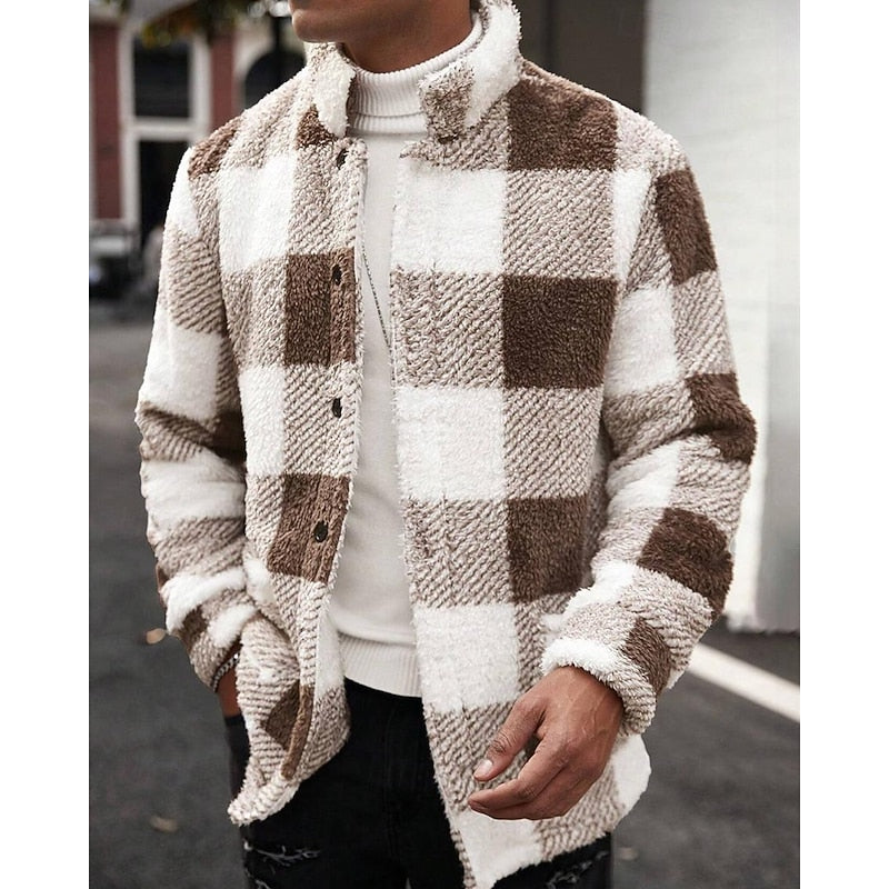 Fleece Jacket Men's Plaid Brown White Zip-Up – Casual, Winter
