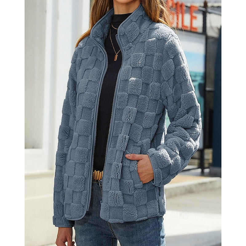 Fleece Jacket Women's Textured Zip-Up Beige – Casual Winter Outerwear, Everyday Wear