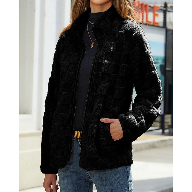 Fleece Jacket Women's Textured Zip-Up Beige – Casual Winter Outerwear, Everyday Wear