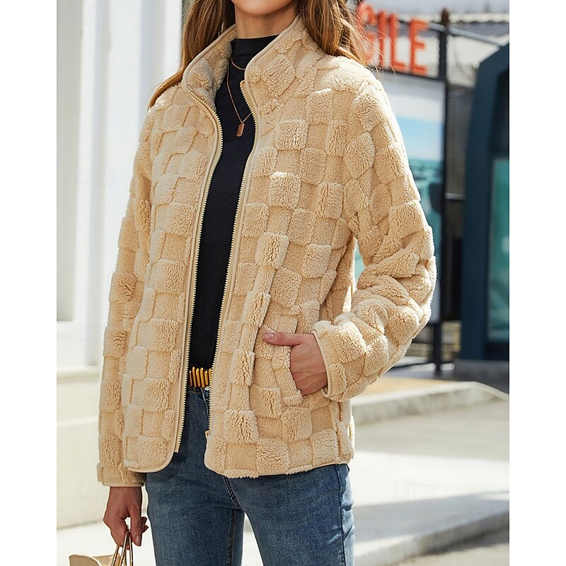 Fleece Jacket Women's Textured Zip-Up Beige – Casual Winter Outerwear, Everyday Wear