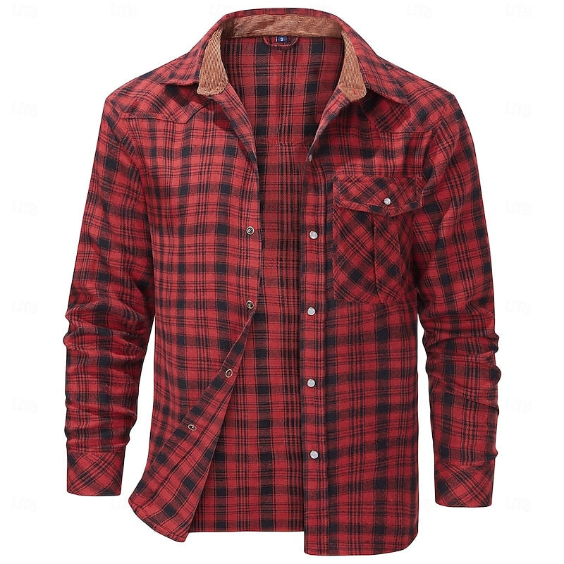 Fleece-Lined Flannel Shirt Jacket Men's Red Long Sleeve – Casual, Winter Wear