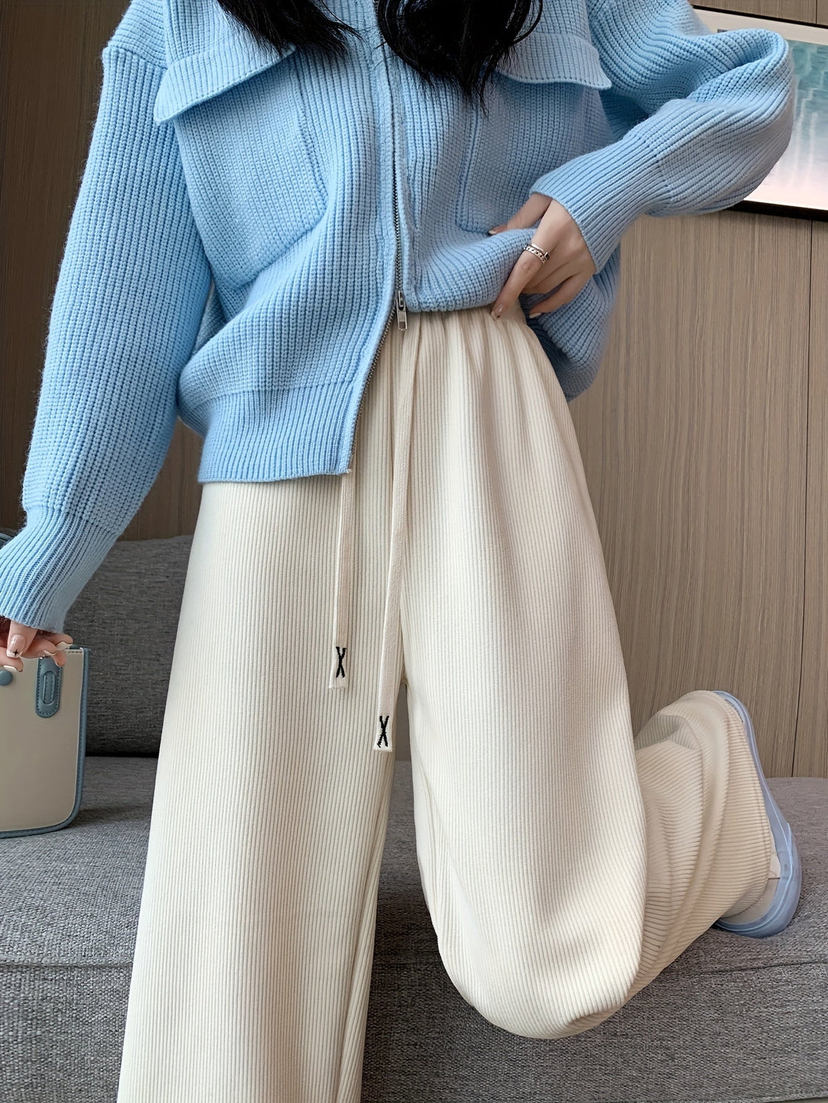 Fleece-Lined Wide-Leg Lounge Pants Women's Corduroy – Casual Winter Home Wear, Thermal Comfort