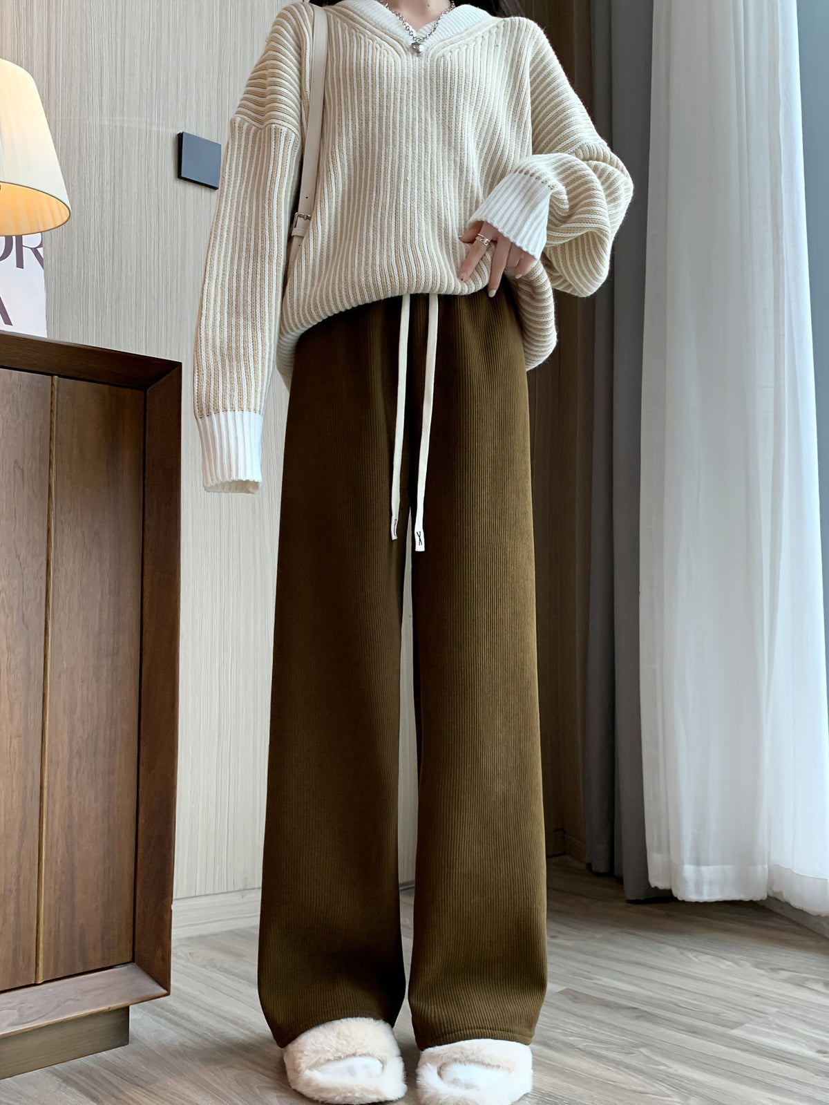 Fleece-Lined Wide-Leg Lounge Pants Women's Corduroy – Casual Winter Home Wear, Thermal Comfort