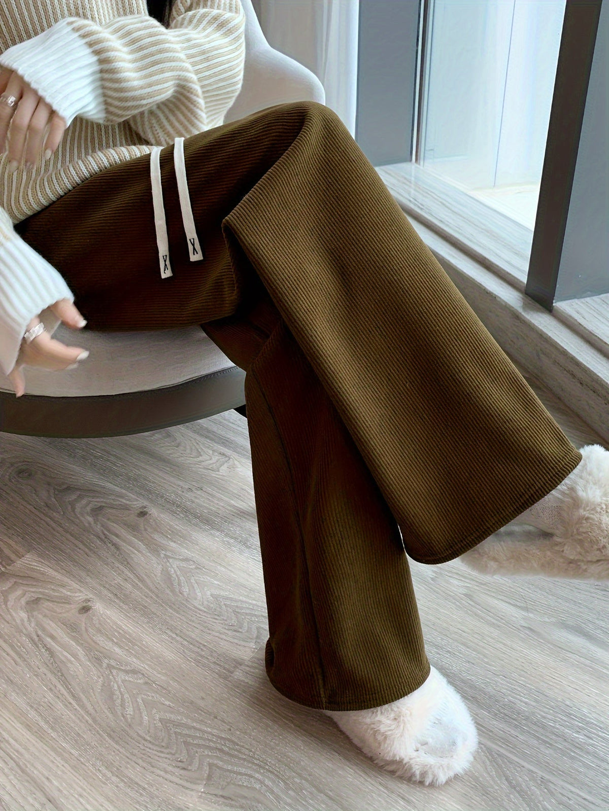 Fleece-Lined Wide-Leg Lounge Pants Women's Corduroy – Casual Winter Home Wear, Thermal Comfort