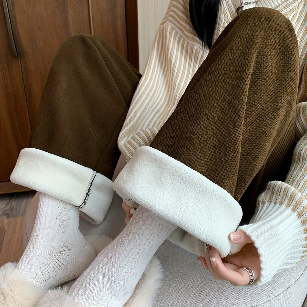 Fleece-Lined Wide-Leg Lounge Pants Women's Corduroy – Casual Winter Home Wear, Thermal Comfort