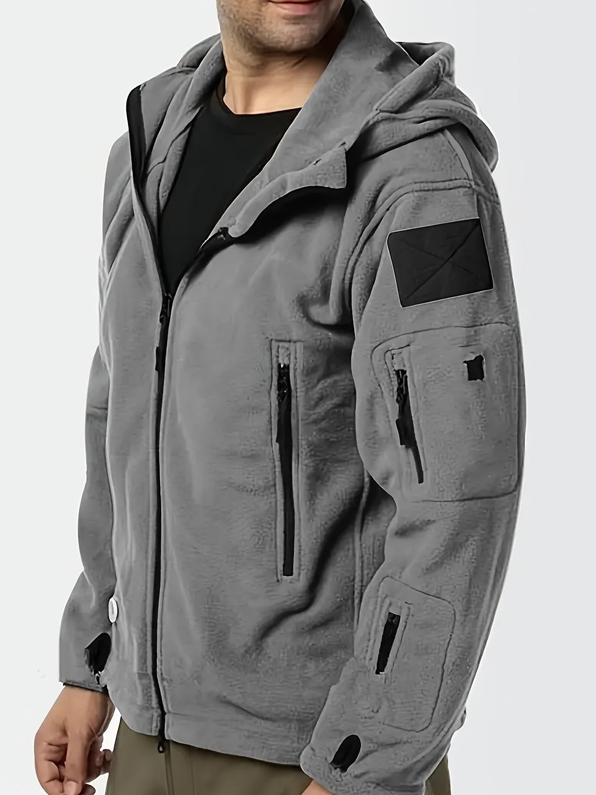 Fleece Tactical Jacket Men's Gray Hooded Full-Zip – Outdoor, Casual