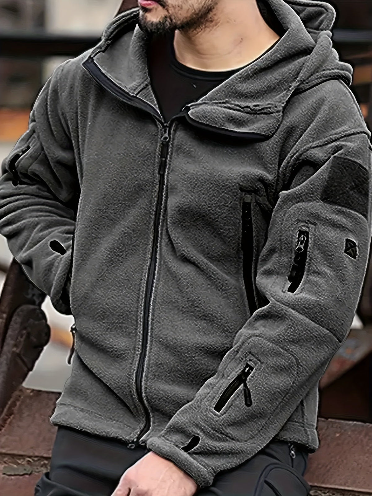 Fleece Tactical Jacket Men's Gray Hooded Full-Zip – Outdoor, Casual