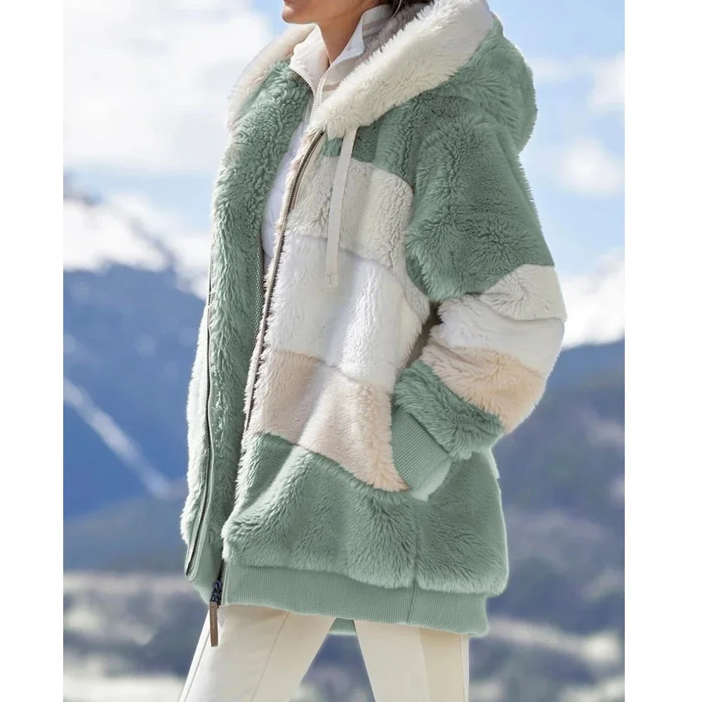 Fleece Teddy Jacket Women's Hooded Colorblock Zip-Up Coat – Casual, Winter
