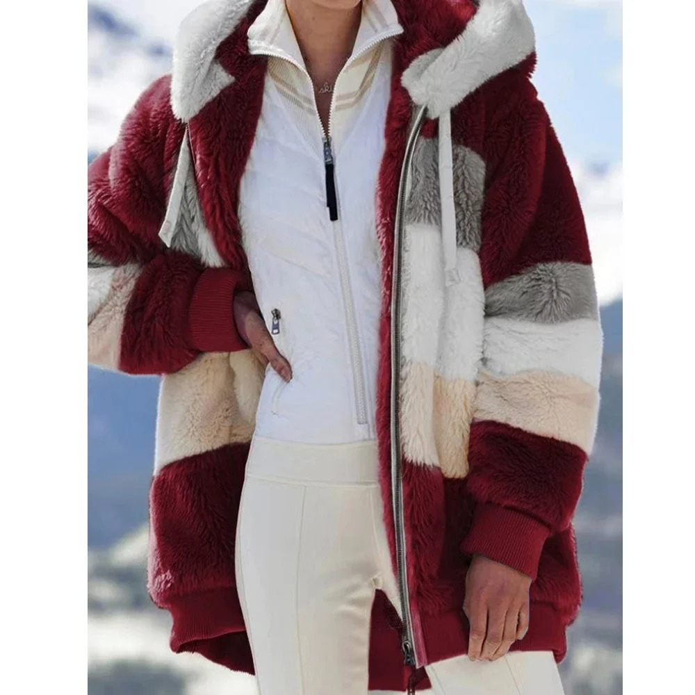 Fleece Teddy Jacket Women's Hooded Colorblock Zip-Up Coat – Casual, Winter