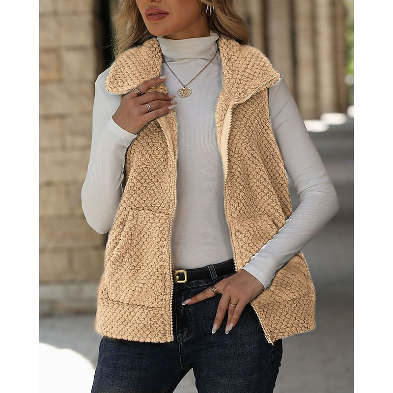 Fleece Vest Women's Sleeveless Sherpa with Pockets Brown – Casual, Office