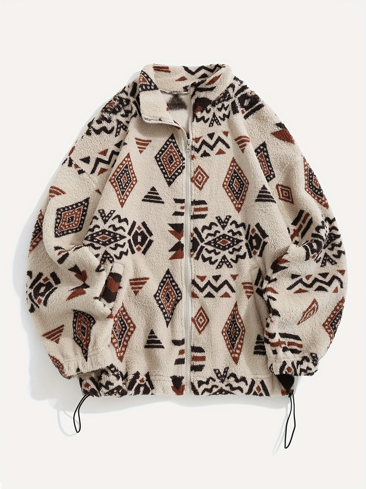 Fleece Zip-Up Jacket Aztec Geometric Print Sherpa Coat – Casual, Winter