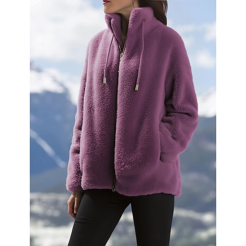 Fleece Zip-Up Jacket Women's Stand Collar Drawstring – Casual, Winter Outdoor