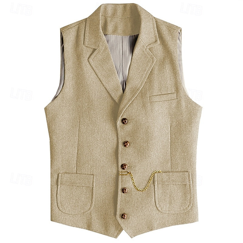 Herringbone Tweed Waistcoat Men's Notch Lapel Suit Vest with Pockets – Wedding, Office